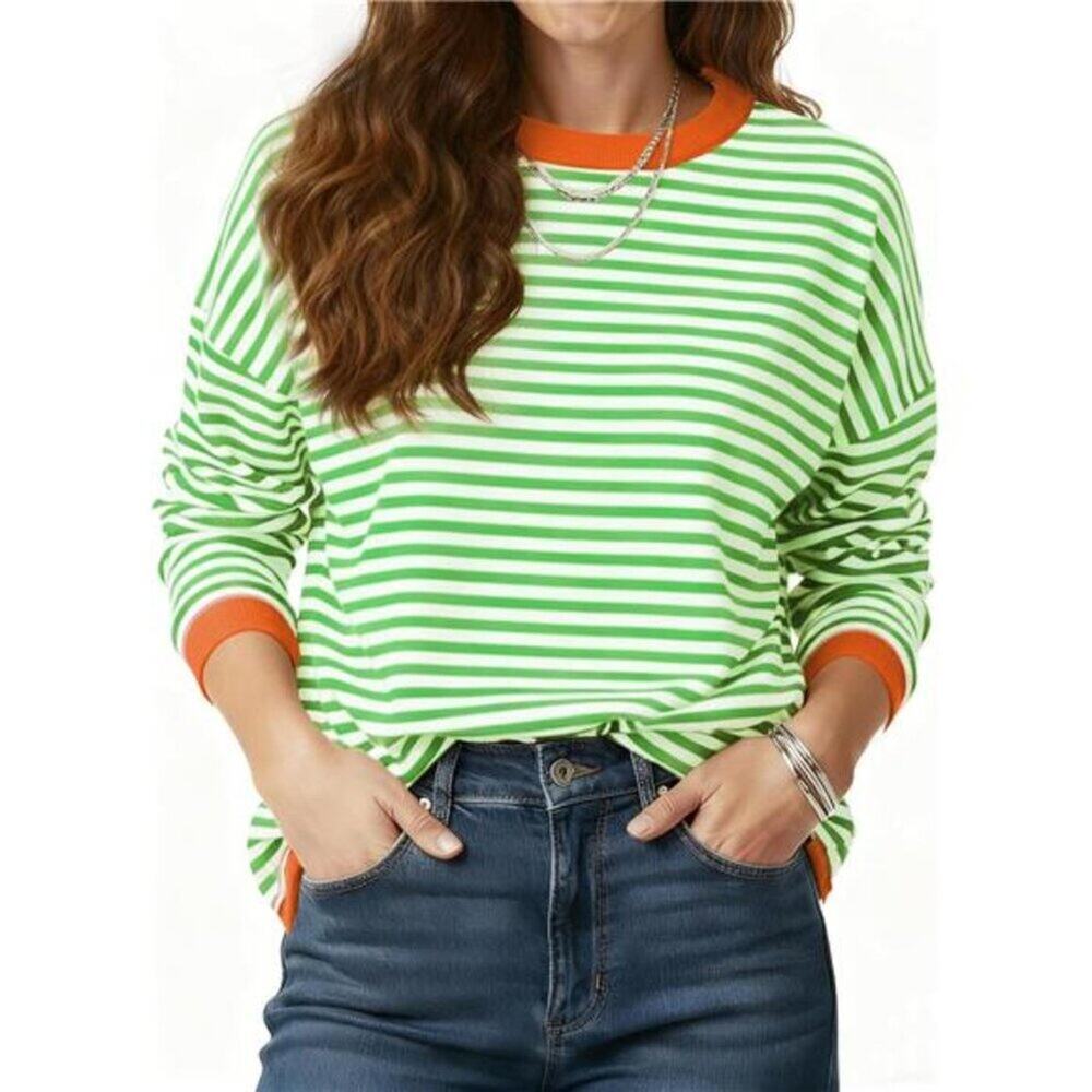 Women’s Long Sleeve Striped Sweater Crewneck Color Block Green White Red Trim